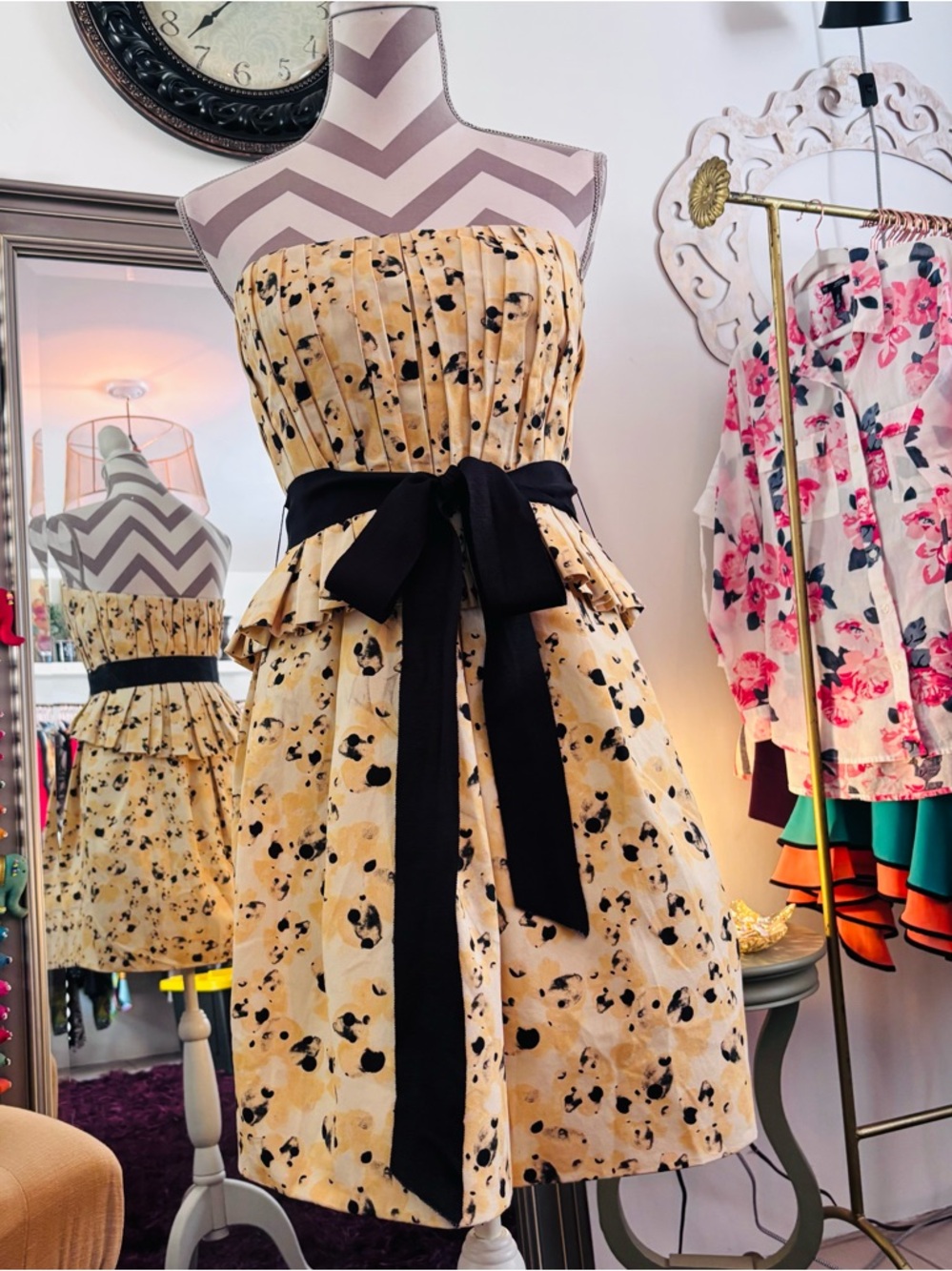 Vera Wang Yellow Floral Strapless Dress with Black Sash
